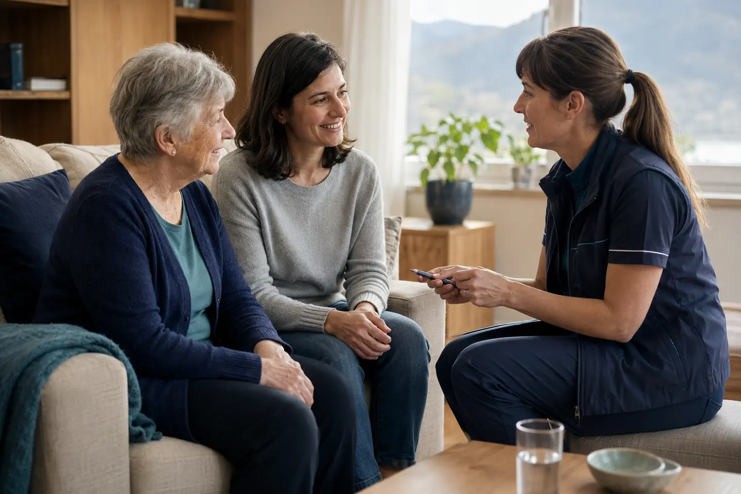 Illustrative Szene: Eine Pflegefachperson bespricht zuhause mit einer Patientin und ihrer Tochter die Nachbetreuung.